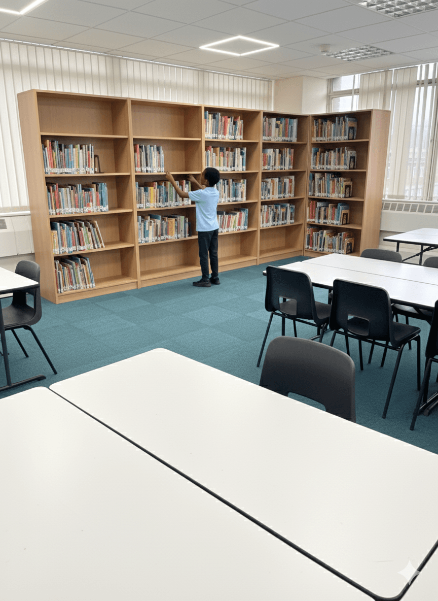 Child reading in library